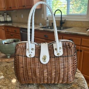 Brown and White Woven Handbag